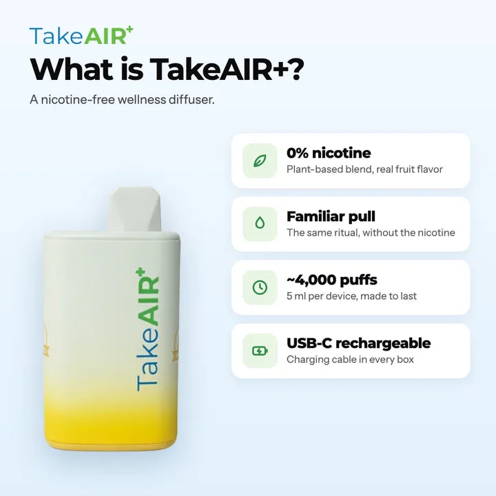 What is TakeAIR+: a nicotine-free wellness diffuser. 0% nicotine, familiar pull, about 4,000 puffs, USB-C rechargeable